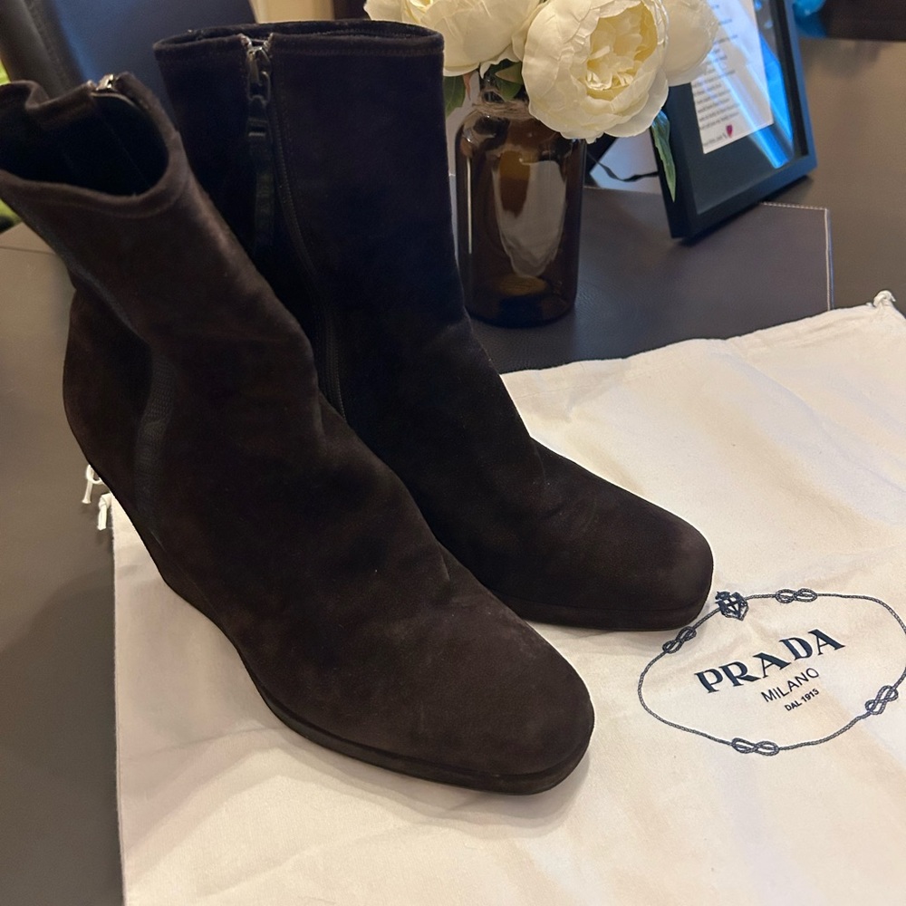 Beautiful Prada Brown Suede Ankle Boots, Size 6 EUC